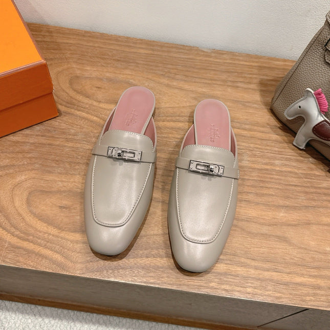 HM 26S KELLY MULE IN GREY BEIGE CALFSKIN SILVER HARDWARE
