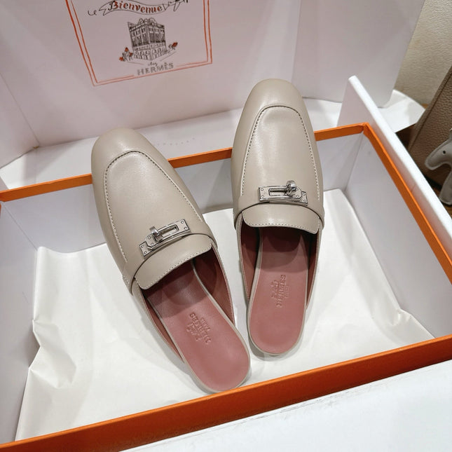 HM 26S KELLY MULE IN GREY BEIGE CALFSKIN SILVER HARDWARE