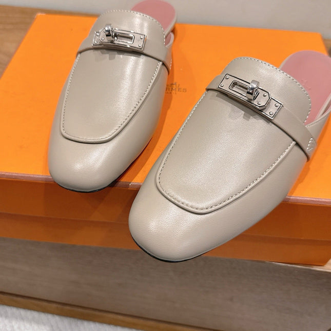 HM 26S KELLY MULE IN GREY BEIGE CALFSKIN SILVER HARDWARE