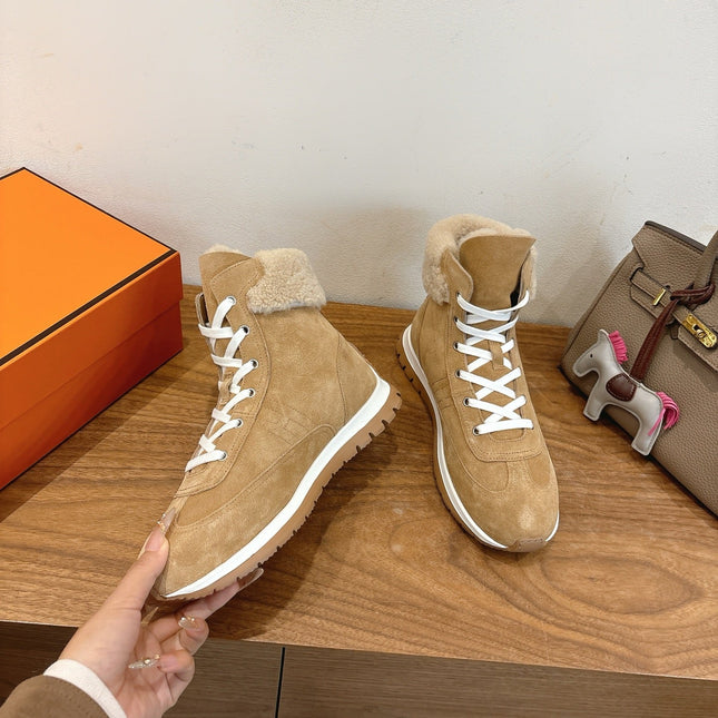 HM 26S FUR-LINED HIGH TOP SNEAKERS IN WARM BEIGE SUEDE