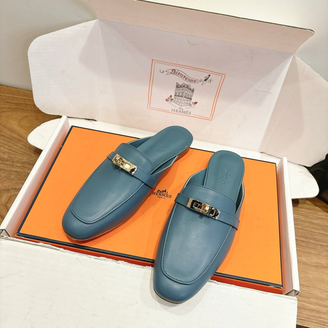 HM 26S KELLY MULE IN DUSTY BLUE CALFSKIN GOLD HARDWARE