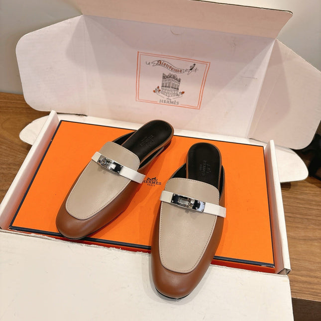 HM 26S KELLY MULE IN BROWN AND BEIGE CALFSKIN SILVER HARDWARE