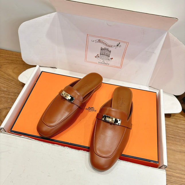 HM 26S KELLY MULE IN CARAMEL BROWN CALFSKIN GOLD HARDWARE