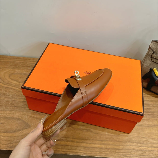 HM 26S KELLY MULE IN CARAMEL BROWN CALFSKIN GOLD HARDWARE