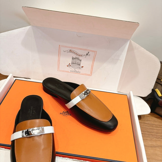 HM 26S KELLY MULE IN CARAMEL BROWN AND BLACK CALFSKIN SILVER HARDWARE