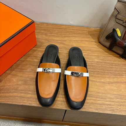 HM 26S KELLY MULE IN CARAMEL BROWN AND BLACK CALFSKIN SILVER HARDWARE