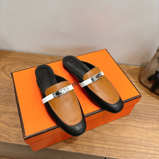 HM 26S KELLY MULE IN CARAMEL BROWN AND BLACK CALFSKIN SILVER HARDWARE