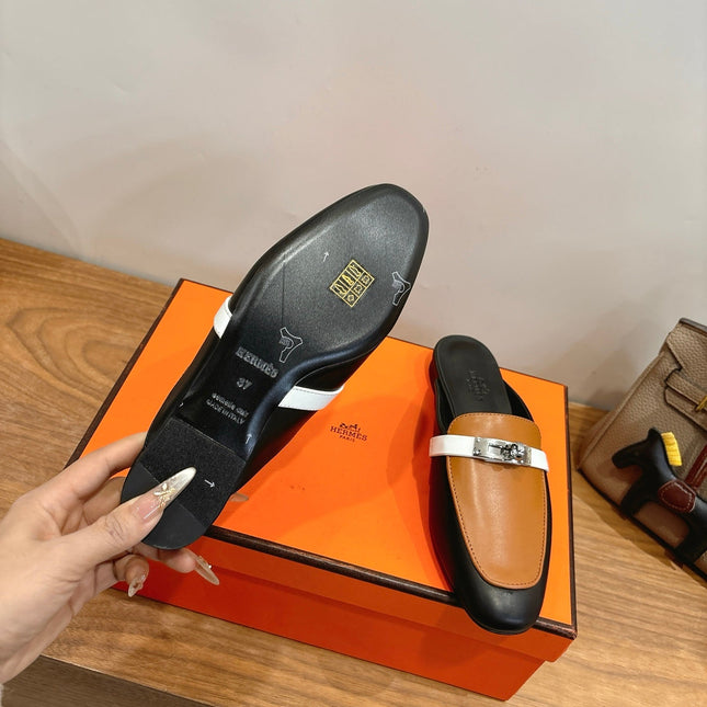 HM 26S KELLY MULE IN CARAMEL BROWN AND BLACK CALFSKIN SILVER HARDWARE