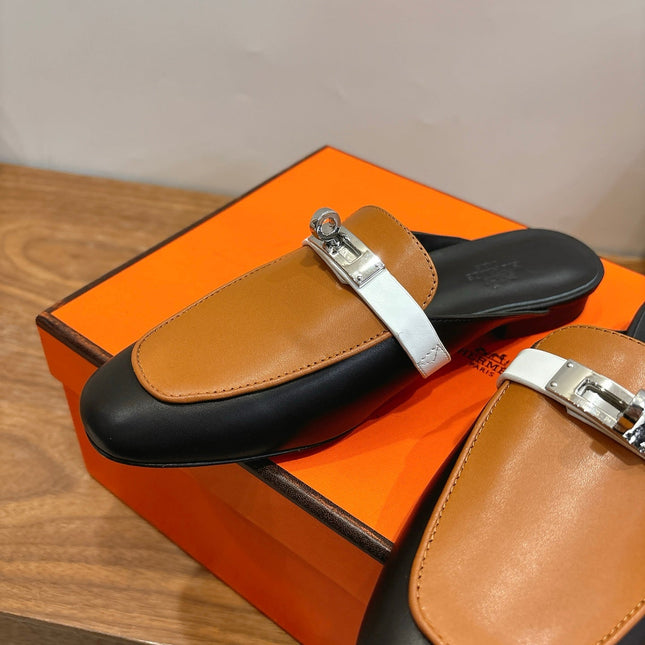HM 26S KELLY MULE IN CARAMEL BROWN AND BLACK CALFSKIN SILVER HARDWARE