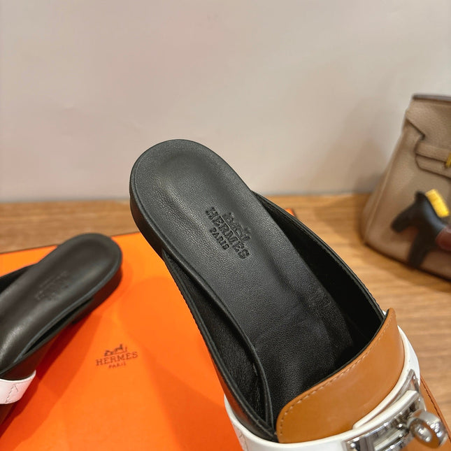 HM 26S KELLY MULE IN CARAMEL BROWN AND BLACK CALFSKIN SILVER HARDWARE