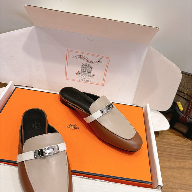 HM 26S KELLY MULE IN BROWN AND BEIGE CALFSKIN SILVER HARDWARE