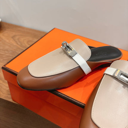 HM 26S KELLY MULE IN BROWN AND BEIGE CALFSKIN SILVER HARDWARE