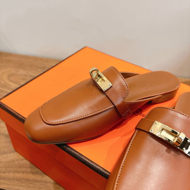 HM 26S KELLY MULE IN CARAMEL BROWN CALFSKIN GOLD HARDWARE