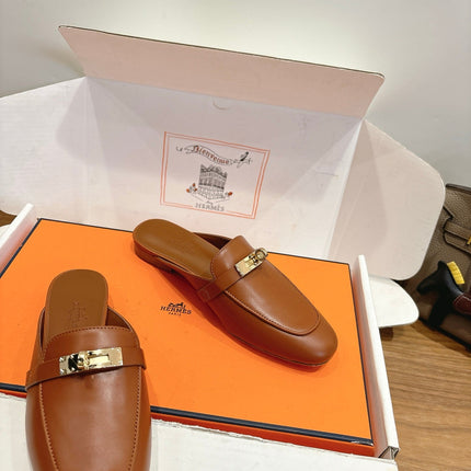 HM 26S KELLY MULE IN CARAMEL BROWN CALFSKIN GOLD HARDWARE