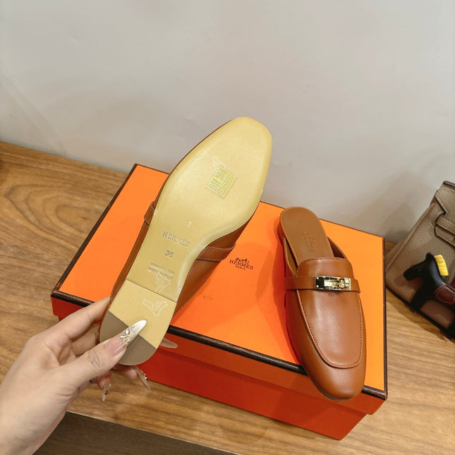 HM 26S KELLY MULE IN CARAMEL BROWN CALFSKIN GOLD HARDWARE