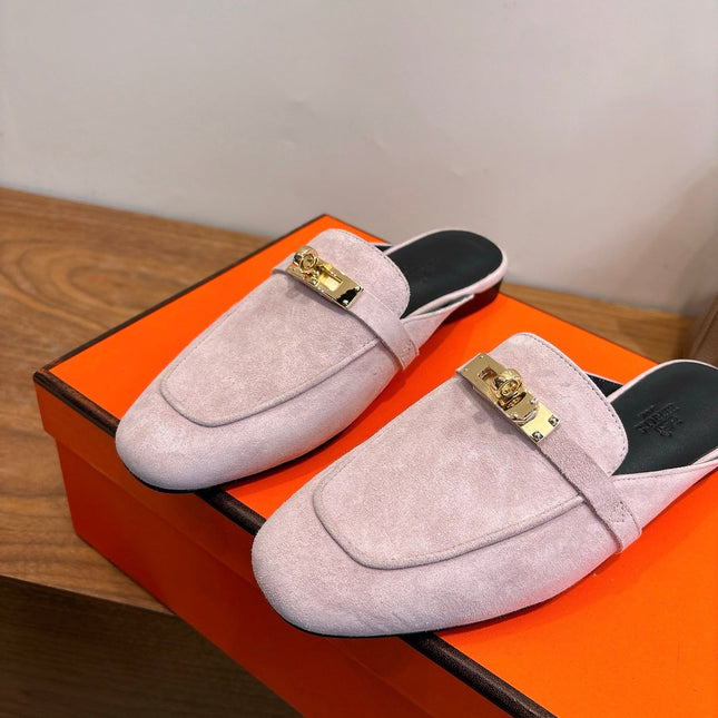 HM 26S OZ MULE IN LIGHT PINK SUEDE GOLD HARDWARE