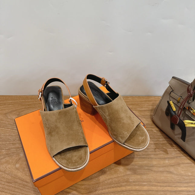 HM 26S ELDA 60 SANDAL IN OLIVE BROWN SUEDE SILVER HARDWARE