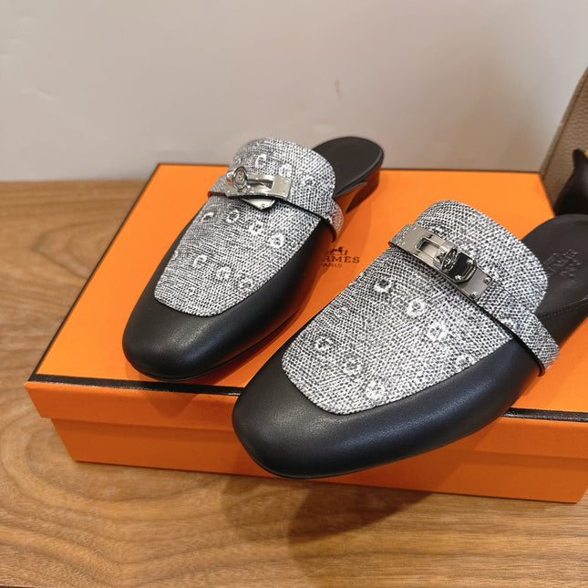 HM 26S OZ MULE IN BLACK CALFSKIN AND GREY CANVAS SILVER HARDWARE 02