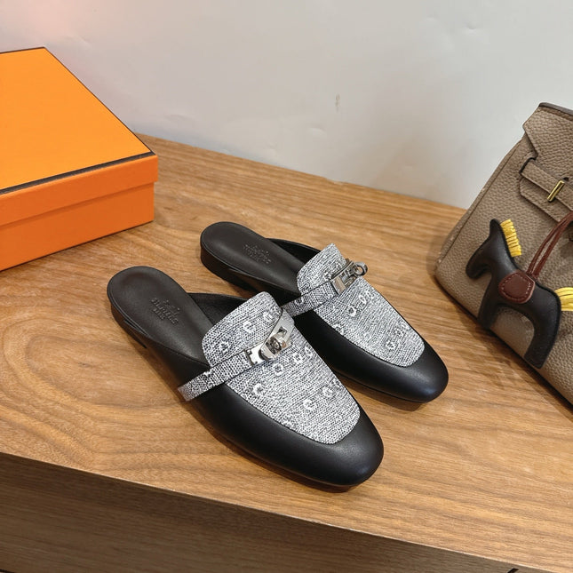 HM 26S OZ MULE IN BLACK CALFSKIN AND GREY CANVAS SILVER HARDWARE 02