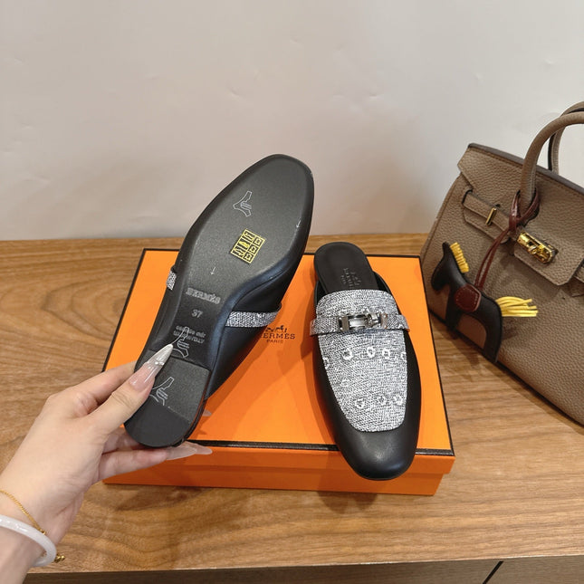 HM 26S OZ MULE IN BLACK CALFSKIN AND GREY CANVAS SILVER HARDWARE 02