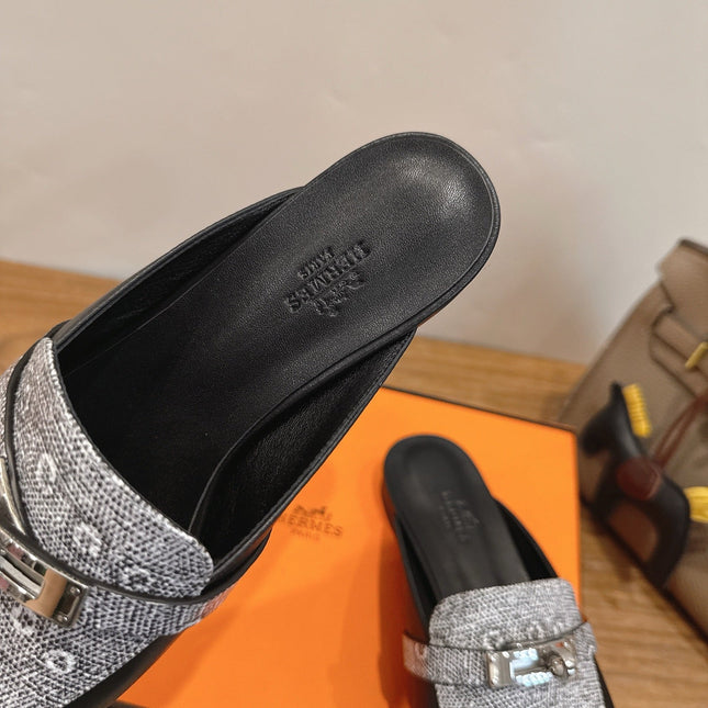 HM 26S OZ MULE IN BLACK CALFSKIN AND GREY CANVAS SILVER HARDWARE 02