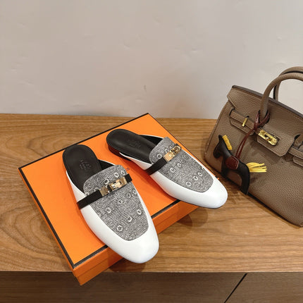 HM 26S OZ MULE IN WHITE CALFSKIN AND GREY CANVAS GOLD HARDWARE