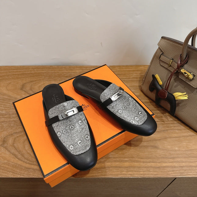 HM 26S OZ MULE IN BLACK CALFSKIN AND GREY CANVAS SILVER HARDWARE