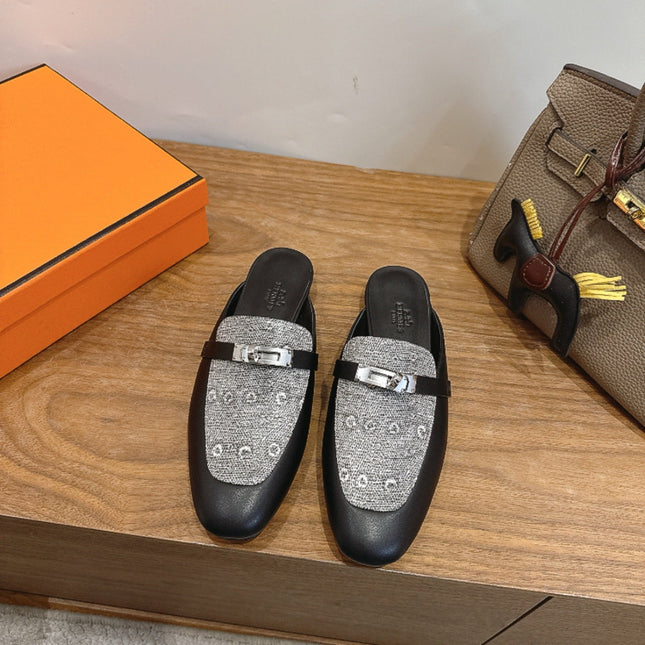 HM 26S OZ MULE IN BLACK CALFSKIN AND GREY CANVAS SILVER HARDWARE