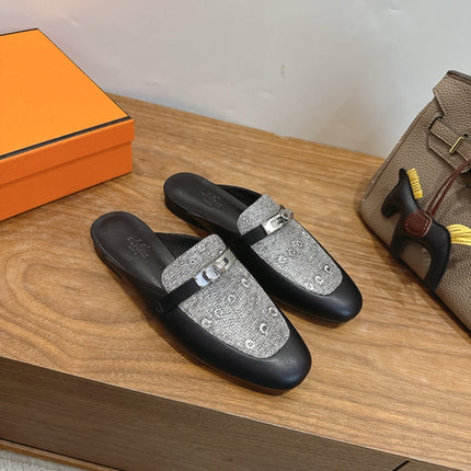 HM 26S OZ MULE IN BLACK CALFSKIN AND GREY CANVAS SILVER HARDWARE