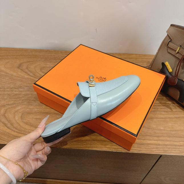 HM 26S OZ MULE IN LIGHT BLUE CALFSKIN GOLD HARDWARE