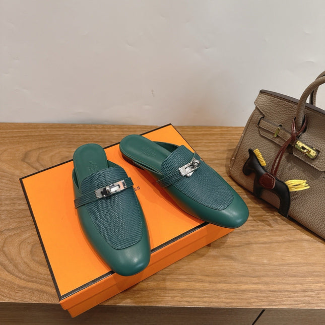 HM 26S OZ MULE IN EMERALD GREEN CALFSKIN SILVER HARDWARE