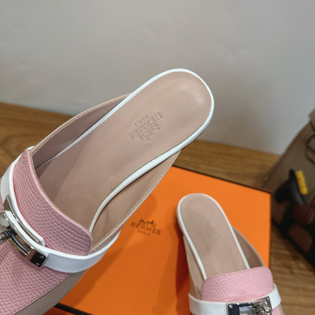 HM 26S OZ MULE IN BEIGE CALFSKIN & PINK LIZARD SILVER HARDWARE