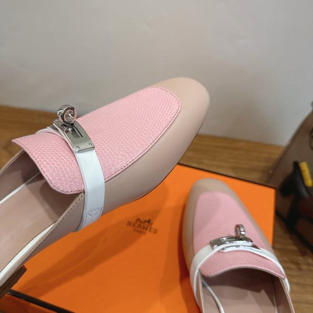 HM 26S OZ MULE IN BEIGE CALFSKIN & PINK LIZARD SILVER HARDWARE