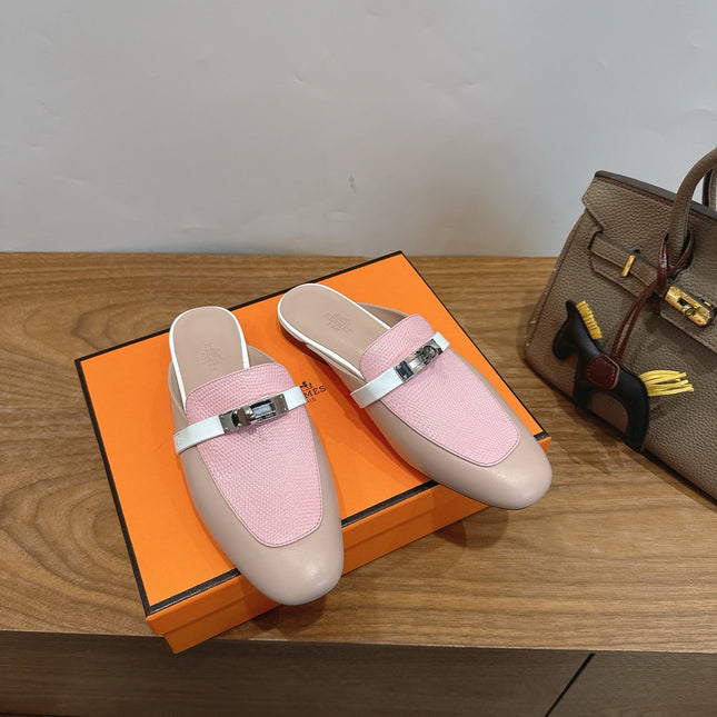 HM 26S OZ MULE IN BEIGE CALFSKIN & PINK LIZARD SILVER HARDWARE