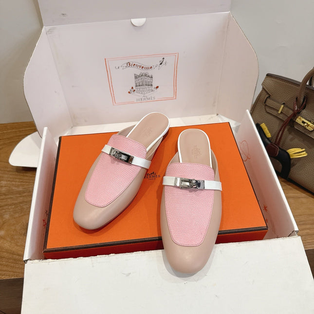 HM 26S OZ MULE IN BEIGE CALFSKIN & PINK LIZARD SILVER HARDWARE