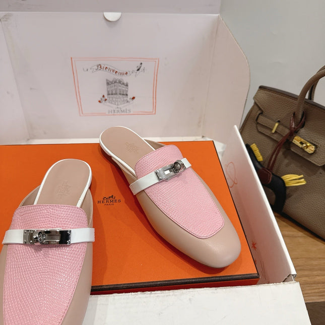 HM 26S OZ MULE IN BEIGE CALFSKIN & PINK LIZARD SILVER HARDWARE