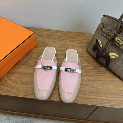 HM 26S OZ MULE IN BEIGE CALFSKIN & PINK LIZARD SILVER HARDWARE