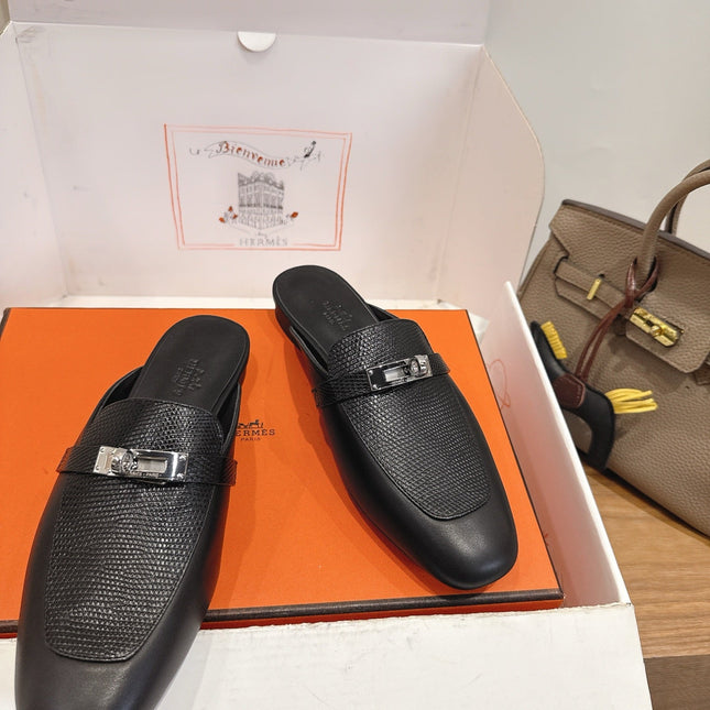 HM 26S OZ MULE IN BLACK CALFSKIN SILVER HARDWARE