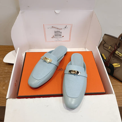 HM 26S OZ MULE IN LIGHT BLUE CALFSKIN GOLD HARDWARE