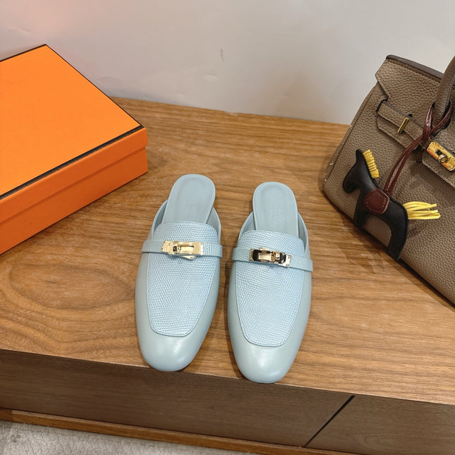 HM 26S OZ MULE IN LIGHT BLUE CALFSKIN GOLD HARDWARE