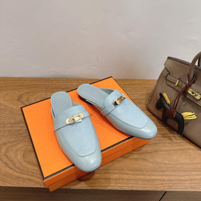 HM 26S OZ MULE IN LIGHT BLUE CALFSKIN GOLD HARDWARE