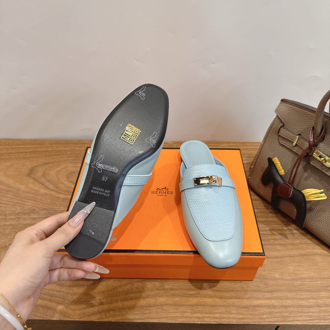 HM 26S OZ MULE IN LIGHT BLUE CALFSKIN GOLD HARDWARE