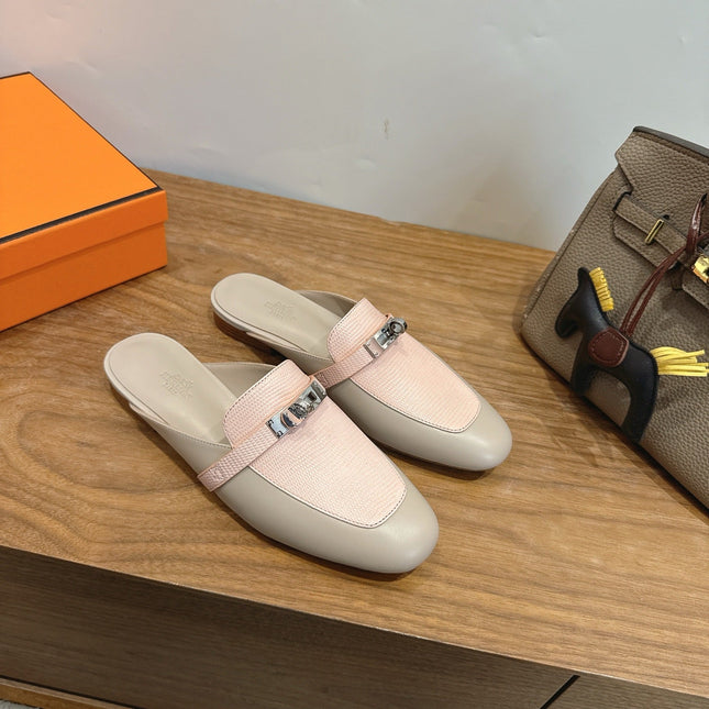 HM 26S OZ MULE IN BEIGE CALFSKIN & LIGHT PINK LIZARD SILVER HARDWARE