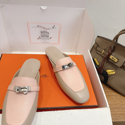 HM 26S OZ MULE IN BEIGE CALFSKIN & LIGHT PINK LIZARD SILVER HARDWARE