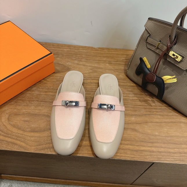 HM 26S OZ MULE IN BEIGE CALFSKIN & LIGHT PINK LIZARD SILVER HARDWARE