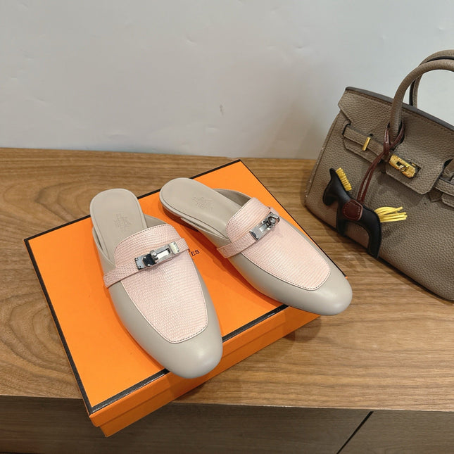 HM 26S OZ MULE IN BEIGE CALFSKIN & LIGHT PINK LIZARD SILVER HARDWARE