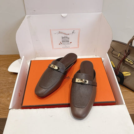 HM 26S OZ MULE IN BROWN CHOCOLATE CALFSKIN GOLD HARDWARE
