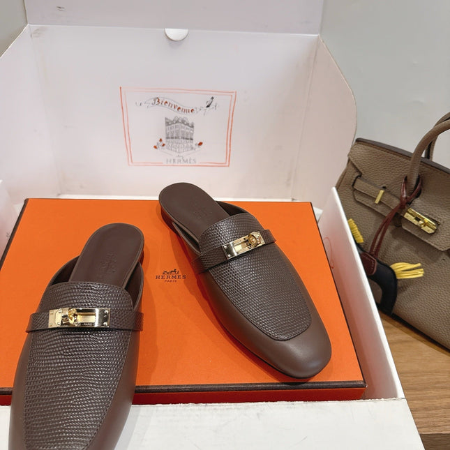 HM 26S OZ MULE IN BROWN CHOCOLATE CALFSKIN GOLD HARDWARE