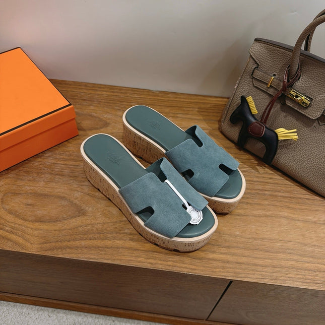 HM 26S WEDGE SANDALS IN TEAL BLUE SUEDE AND LAMBSKIN