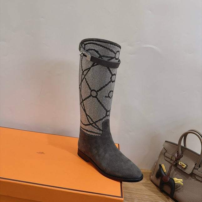 HM 26S JUMPING BOOTS IN DARK GREY SUEDE AND RHINESTONE FABRIC